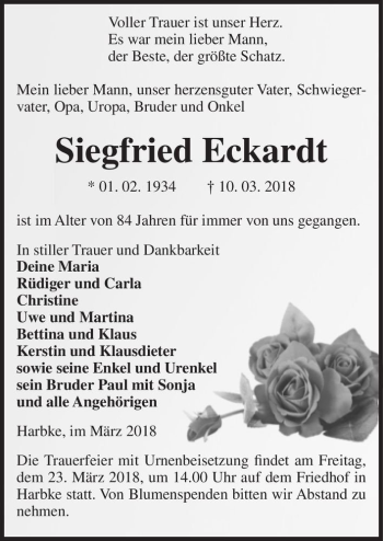 Traueranzeige von Siegfried Eckardt  von Magdeburger Volksstimme