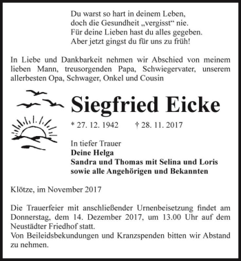 Traueranzeige von Siegfried Eicke  von Magdeburger Volksstimme
