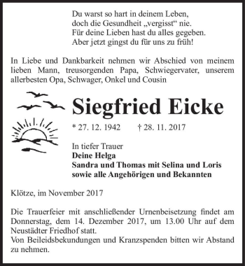 Traueranzeige von Siegfried Eicke  von Magdeburger Volksstimme