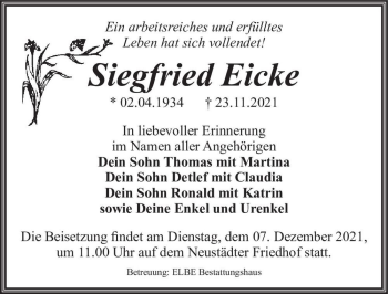Traueranzeige von Siegfried Eicke  von Magdeburger Volksstimme