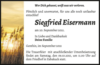 Traueranzeige von Siegfried Eisermann  von Magdeburger Volksstimme