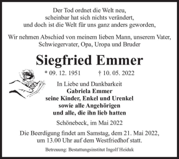Traueranzeige von Siegfried Emmer  von Magdeburger Volksstimme