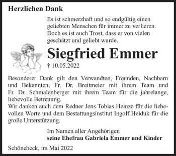 Traueranzeige von Siegfried Emmer  von Magdeburger Volksstimme