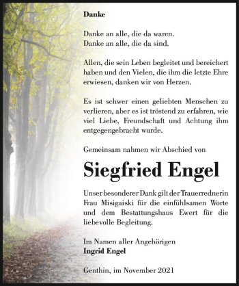 Traueranzeige von Siegfried Engel  von Magdeburger Volksstimme