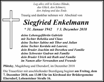Traueranzeige von Siegfried Enkelmann  von Magdeburger Volksstimme