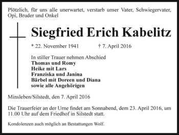 Traueranzeige von Siegfried Erich Kabelitz  von Magdeburger Volksstimme