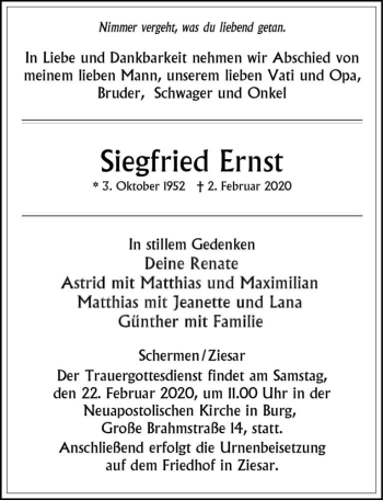 Traueranzeige von Siegfried Ernst  von Magdeburger Volksstimme