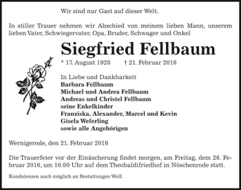 Traueranzeige von Siegfried Fellbaum  von Magdeburger Volksstimme