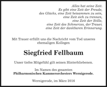 Traueranzeige von Siegfried Fellbaum  von Magdeburger Volksstimme
