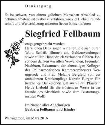 Traueranzeige von Siegfried Fellbaum  von Magdeburger Volksstimme