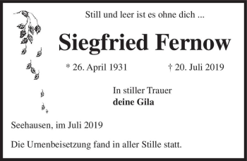 Traueranzeige von Siegfried Fernow  von Magdeburger Volksstimme