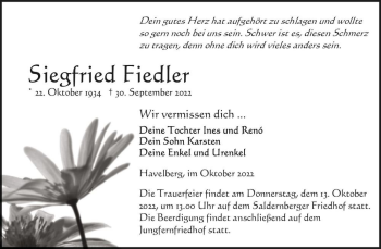 Traueranzeige von Siegfried Fiedler  von Magdeburger Volksstimme