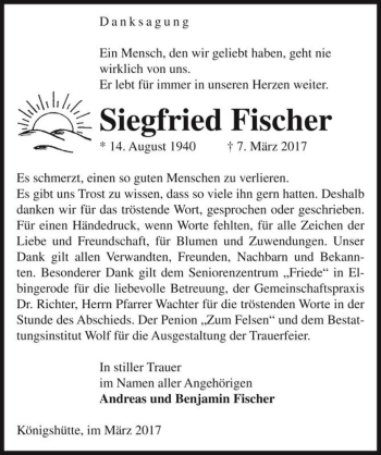 Traueranzeige von Siegfried Fischer  von Magdeburger Volksstimme