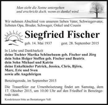 Traueranzeige von Siegfried Fischer  von Magdeburger Volksstimme