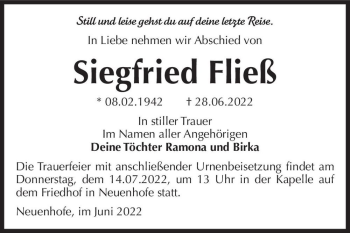 Traueranzeige von Siegfried Fließ  von Magdeburger Volksstimme