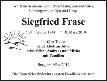 Traueranzeige von Siegfried Frase  von Magdeburger Volksstimme