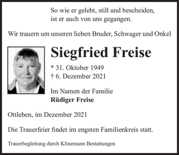 Traueranzeige von Siegfried Freise  von Magdeburger Volksstimme