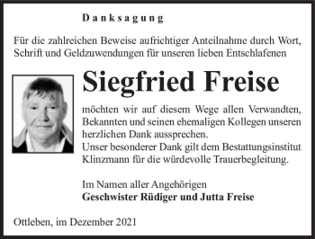 Traueranzeige von Siegfried Freise  von Magdeburger Volksstimme