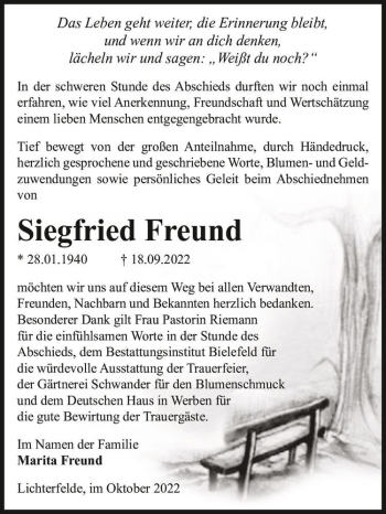 Traueranzeige von Siegfried Freund  von Magdeburger Volksstimme