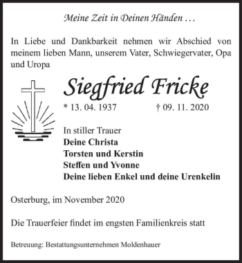 Traueranzeige von Siegfried Fricke  von Magdeburger Volksstimme