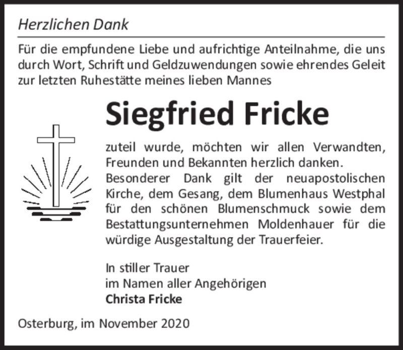  Traueranzeige für Siegfried Fricke  vom 04.12.2020 aus Magdeburger Volksstimme