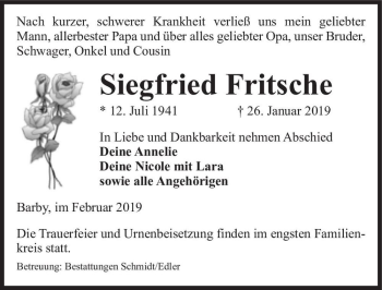 Traueranzeige von Siegfried Fritsche  von Magdeburger Volksstimme