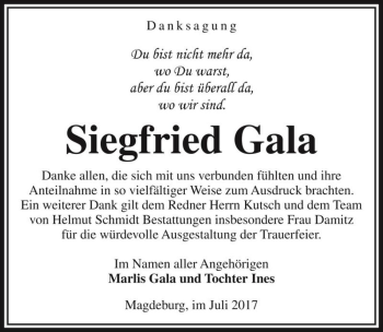 Traueranzeige von Siegfried Gala  von Magdeburger Volksstimme