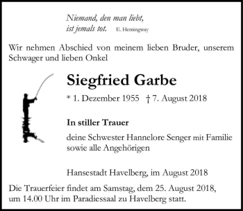 Traueranzeige von Siegfried Garbe  von Magdeburger Volksstimme
