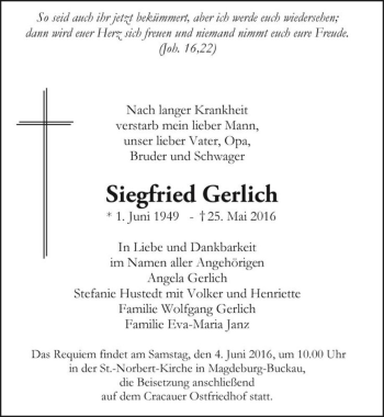 Traueranzeige von Siegfried Gerlich  von Magdeburger Volksstimme