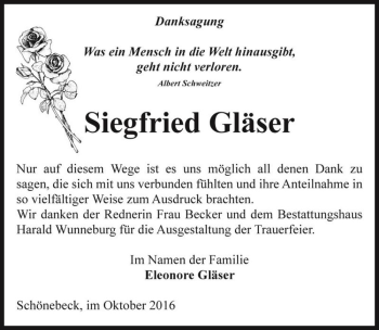 Traueranzeige von Siegfried Gläser  von Magdeburger Volksstimme