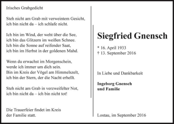 Traueranzeige von Siegfried Gnensch  von Magdeburger Volksstimme