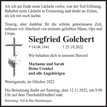 Traueranzeige von Siegfried Golchert  von Magdeburger Volksstimme