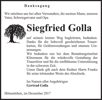 Traueranzeige von Siegfried Golla  von Magdeburger Volksstimme