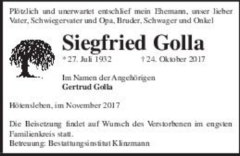Traueranzeige von Siegfried Golla  von Magdeburger Volksstimme