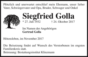 Traueranzeige von Siegfried Golla  von Magdeburger Volksstimme
