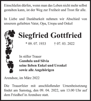 Traueranzeige von Siegfried Gottfried  von Magdeburger Volksstimme