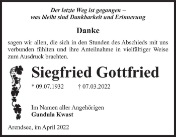 Traueranzeige von Siegfried Gottfried  von Magdeburger Volksstimme