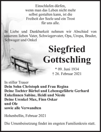Traueranzeige von Siegfried Gottschling  von Magdeburger Volksstimme