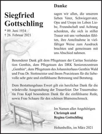 Traueranzeige von Siegfried Gottschling  von Magdeburger Volksstimme