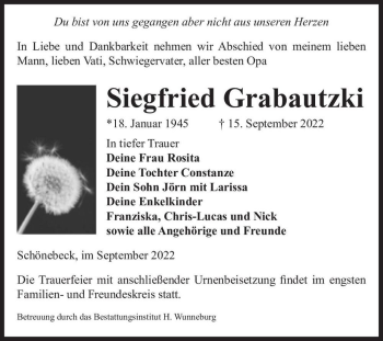 Traueranzeige von Siegfried Grabautzki  von Magdeburger Volksstimme