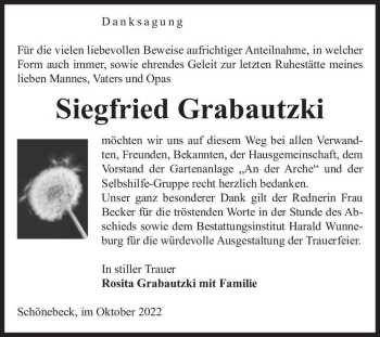 Traueranzeige von Siegfried Grabautzki  von Magdeburger Volksstimme
