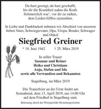 Traueranzeige von Siegfried Greiner  von Magdeburger Volksstimme