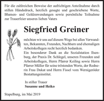 Traueranzeige von Siegfried Greiner  von Magdeburger Volksstimme