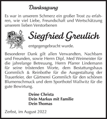 Traueranzeige von Siegfried Greulich  von Magdeburger Volksstimme