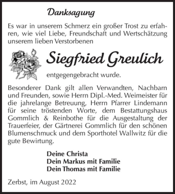 Traueranzeige von Siegfried Greulich  von Magdeburger Volksstimme
