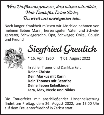 Traueranzeige von Siegfried Greulich  von Magdeburger Volksstimme