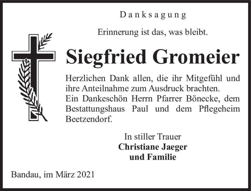  Traueranzeige für Siegfried Gromeier  vom 05.03.2021 aus Magdeburger Volksstimme