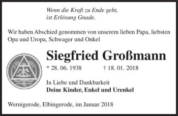 Traueranzeige von Siegfried Großmann  von Magdeburger Volksstimme