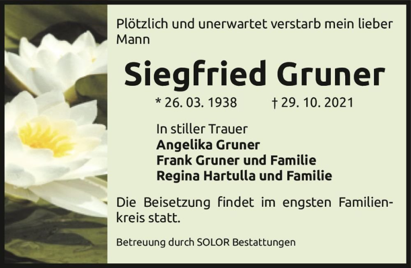  Traueranzeige für Siegfried Gruner  vom 20.11.2021 aus Magdeburger Volksstimme