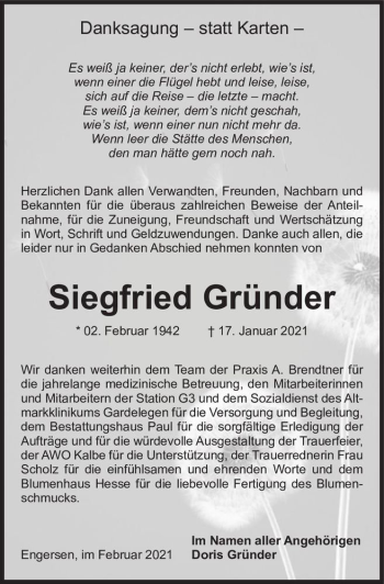 Traueranzeige von Siegfried Gründer  von Magdeburger Volksstimme